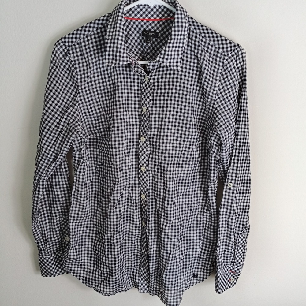Talbots Button Down Shirt Womens M Navy Blue White Gingham Cotton Excellent Long